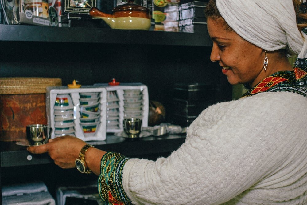 Rahel Woldehana with a Traditional Ethiopian Coffee